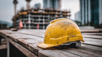 A yellow construction helmet on a wooden table with a blurred construction site in the background.