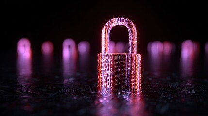 A glowing, pixelated lock with a digital, cybernetic aesthetic, set against a dark, reflective background with a blurred, futuristic design.