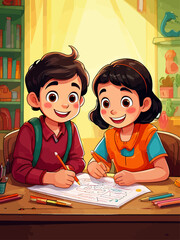 Two Smiling Children Drawing Together at Desk. © Digital