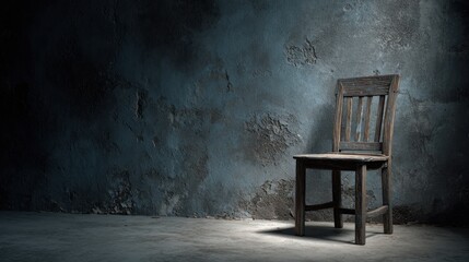 A solitary wooden chair against a dark, textured wall with a spotlight casting a shadow on the floor.