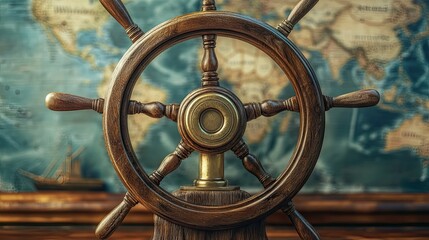 Obraz premium A ship's steering wheel (helm) made of polished brass and wood, against a background of a world map. A symbol of navigation, corporate governance, and steering a company. 