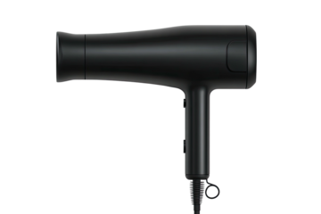 Matte black hair dryer with cord, side view on dark