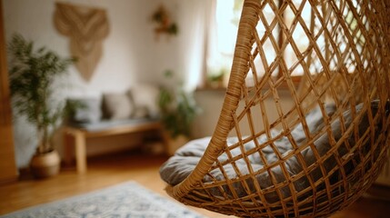 Woven hanging chair in a cozy room.