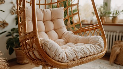 Close up of a light beige cushioned wicker hanging chair.