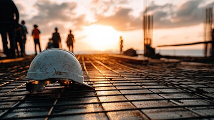 Construction site at sunset with safety helmet.