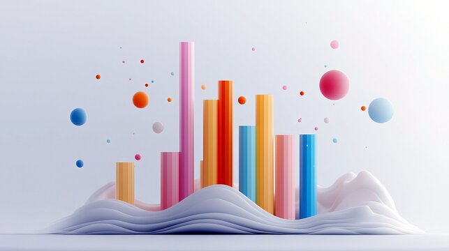 A vibrant abstract composition featuring a bar graph with colorful cylindrical bars and floating spheres against a clean white backdrop.