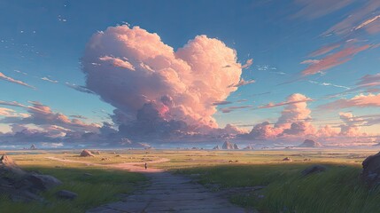 A heart-shaped cloud hovers over a vast, grassy plain.