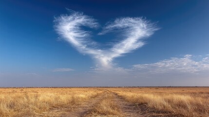 Heart-shaped cloud formation over a vast, golden plain.