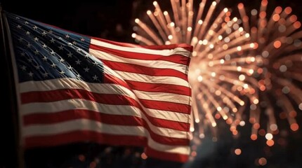 American flag waving proudly with vibrant fireworks illuminating the night sky during a patriotic celebration. - Powered by Adobe