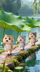 Three adorable cartoon kittens walk along the water's edge, holding lotus leaf umbrellas.
