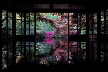 Reflected garden seen through dark room, trees, flowers and water create a tranquil view