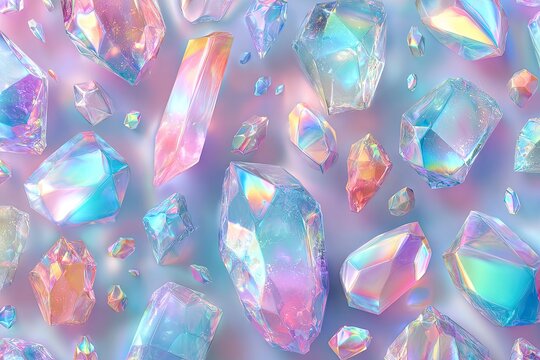 Many colorful crystal formations with internal light refraction against a soft gradient background
