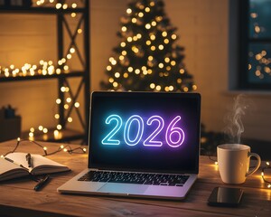 A festive workspace scene featuring a laptop with glowing number 2026 displayed on its screen. Merry Christmas And Happy New Year. 