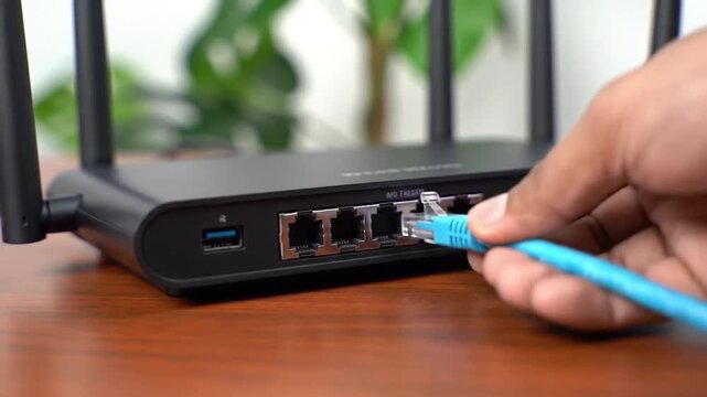 Plugging Ethernet Cable into a Wireless Router. Hand Connecting Blue Internet Cable to Modem. Home Network Installation and Setup Process.