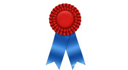 Red rosette with blue ribbons isolated on transparent background for award