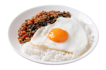 Thai food, Stir fried holy basil with minced pork with cooked rice and fried egg on top