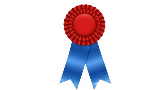 Red rosette with blue ribbons isolated on transparent background for award