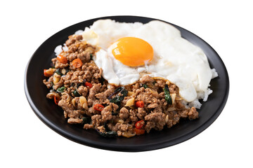 Thai food, Stir fried holy basil with minced pork with cooked rice and fried egg on top