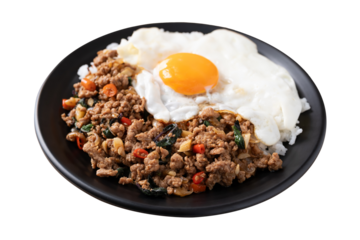 Thai food, Stir fried holy basil with minced pork with cooked rice and fried egg on top