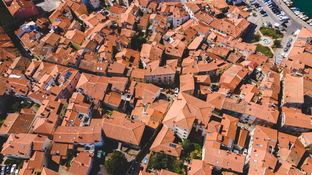 Aerial view of historic coastal town roofs
