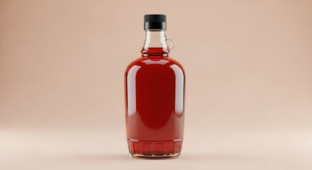 Glass Bottle of Dark Red Syrup or Liquid with Black Cap