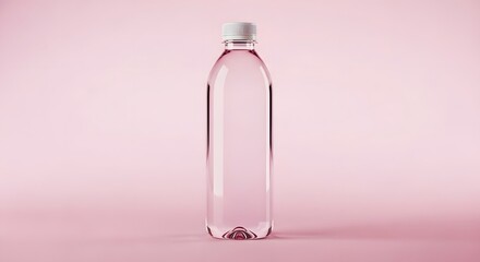 Clear Plastic Bottle with Pink Liquid and White Cap on Pastel Pink Background