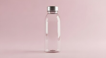 Minimalist Clear Water Bottle with Silver Cap on Pink Background