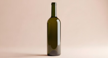 Empty Dark Green Glass Bottle on a Light Beige Background