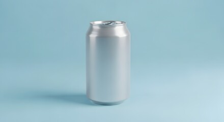 Blank Silver Aluminum Can Mockup on Pastel Blue Background