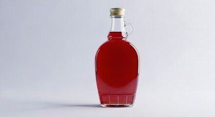 Glass bottle of dark red liquid, possibly maple syrup or wine, with a gold cap on a plain background.