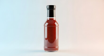 Glass Bottle of Red Hot Sauce with Black Cap, Isolated on Gradient Background