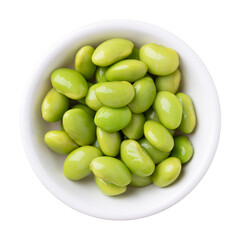 Boiled Edamame beans seed (Japanese soybeans) in white bowl, Top view