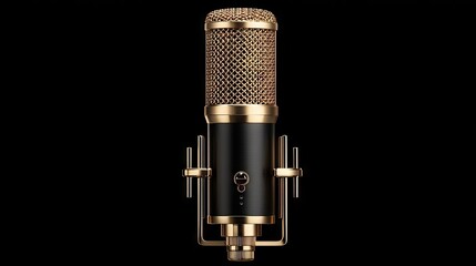 microphone with gold accents against a black background.