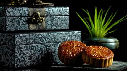 Elegant mooncakes nestled in decorative boxes.