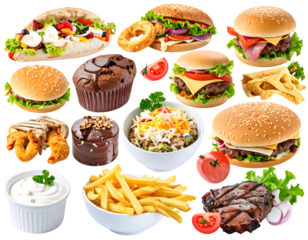 A variety of fast food items including burgers, fries, salads, desserts, and beverages arranged together