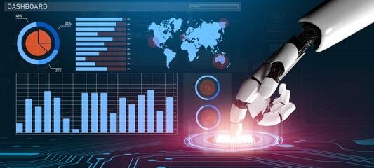 A futuristic robot hand engages with an advanced digital dashboard showcasing various data visualizations, including charts and statistics, representing technological analytics. Impute