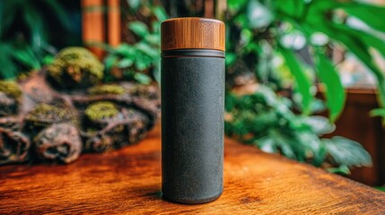 Dark gray insulated water bottle with a bamboo lid sits on a wooden surface.
