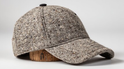 Gray tweed baseball cap sits on a wooden display stand.