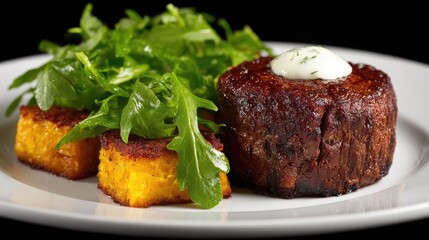 Roasted pumpkin polenta cubes and a grilled steak with a creamy sauce.