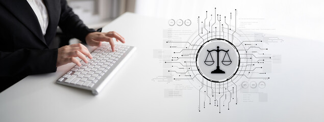 Futuristic digital law interface displaying justice scale, highlighting digital law, AI compliance,...