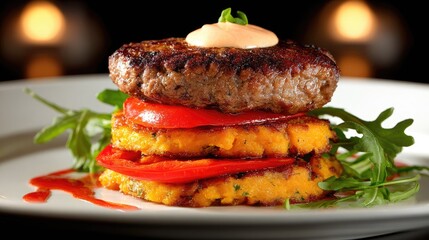 A layered dish of a patty, sliced tomatoes, and pumpkin fritters.