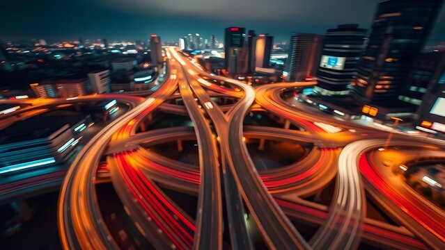 interchange. Urban interchange at night with abstract light trails and a blurred cityscape in cool tones and neon accents. mobility guides. - Powered by Adobe