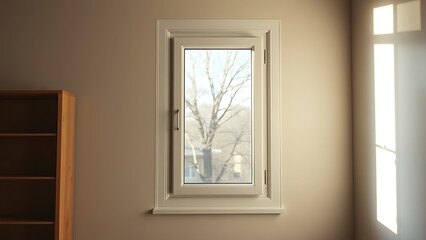 hinge. A closed window frame in a residential interior with soft daylight filtering through. real-estate listings, architecture portfolios, designed for interior renovation comparisons for interiors.