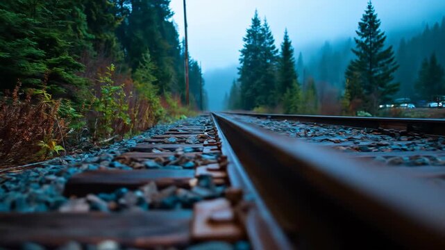 Train tracks vanishing into misty forest landscape during overcast day