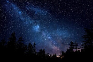 Night Sky Illuminated With Bright Stars Over Tree Silhouettes Dark Atmosphere