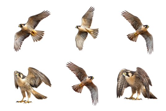 Collection of Falcon circling A falcon circles high in the sky, scanning the ground for prey. full length isolate on transparent background