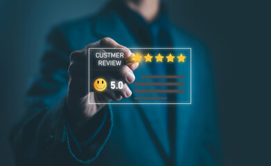 A businessman interacting with a digital five-star customer review interface symbolizing excellent service quality positive feedback high satisfaction scores and strong brand trust in modern business.