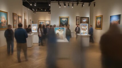 People viewing various artworks and paintings displayed in a well-lit modern art gallery with wooden floors and track lighting. - Powered by Adobe