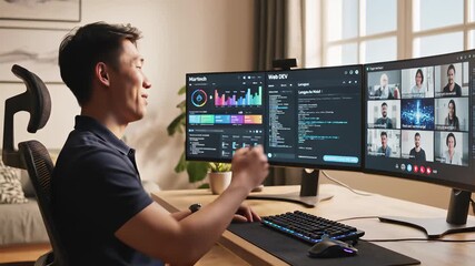 Man intensely focused on computer typing, surrounded by digital world, conveying transformation and future thinking, perfect for technology innovation concept videos or futuristic commercial.
