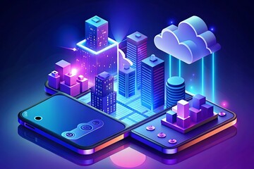 Digital city on phone screens futuristic technology